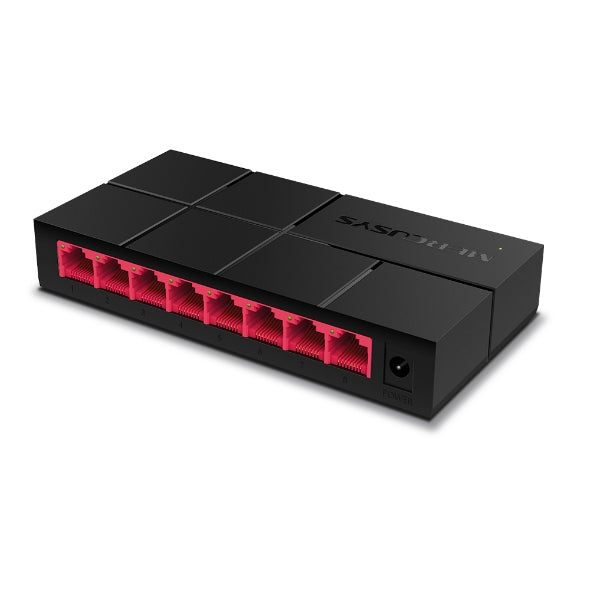 Mercusys MS108G Gigabit desktop switch side angle with 8 RJ45 ports and compact black design