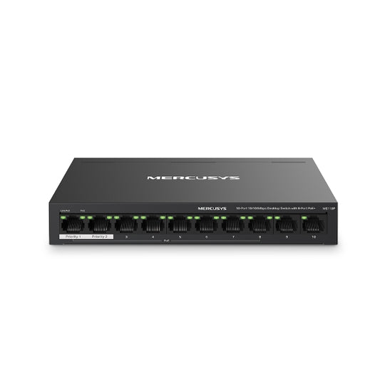 Mercusys MS110P 10-Port PoE+ desktop switch front view showing RJ45 ports and LED indicators