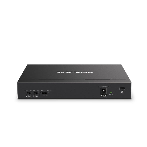 Mercusys MS110P 10-Port PoE+ switch back view showing power input, mode switches and metal body