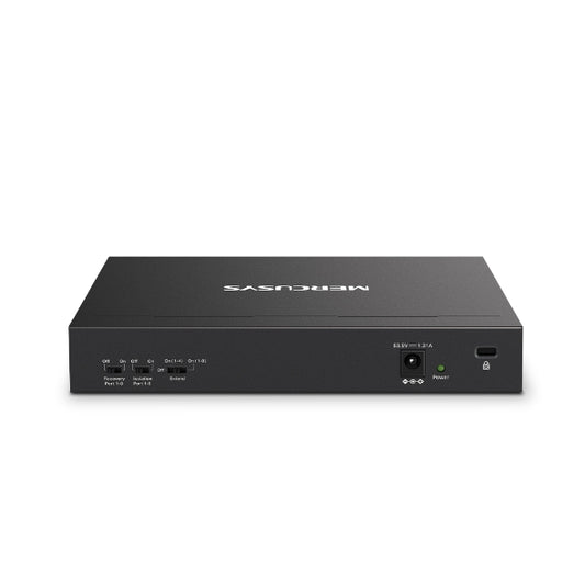 Mercusys MS110P 10-Port PoE+ switch back view showing power input, mode switches and metal body
