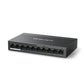 Mercusys MS110P PoE+ switch front angle with 10 Fast Ethernet ports and black metal casing