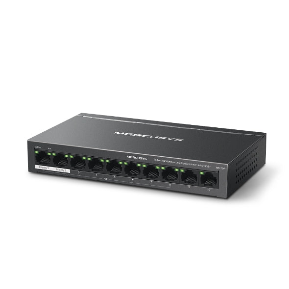 Mercusys MS110P PoE+ switch front angle with 10 Fast Ethernet ports and black metal casing