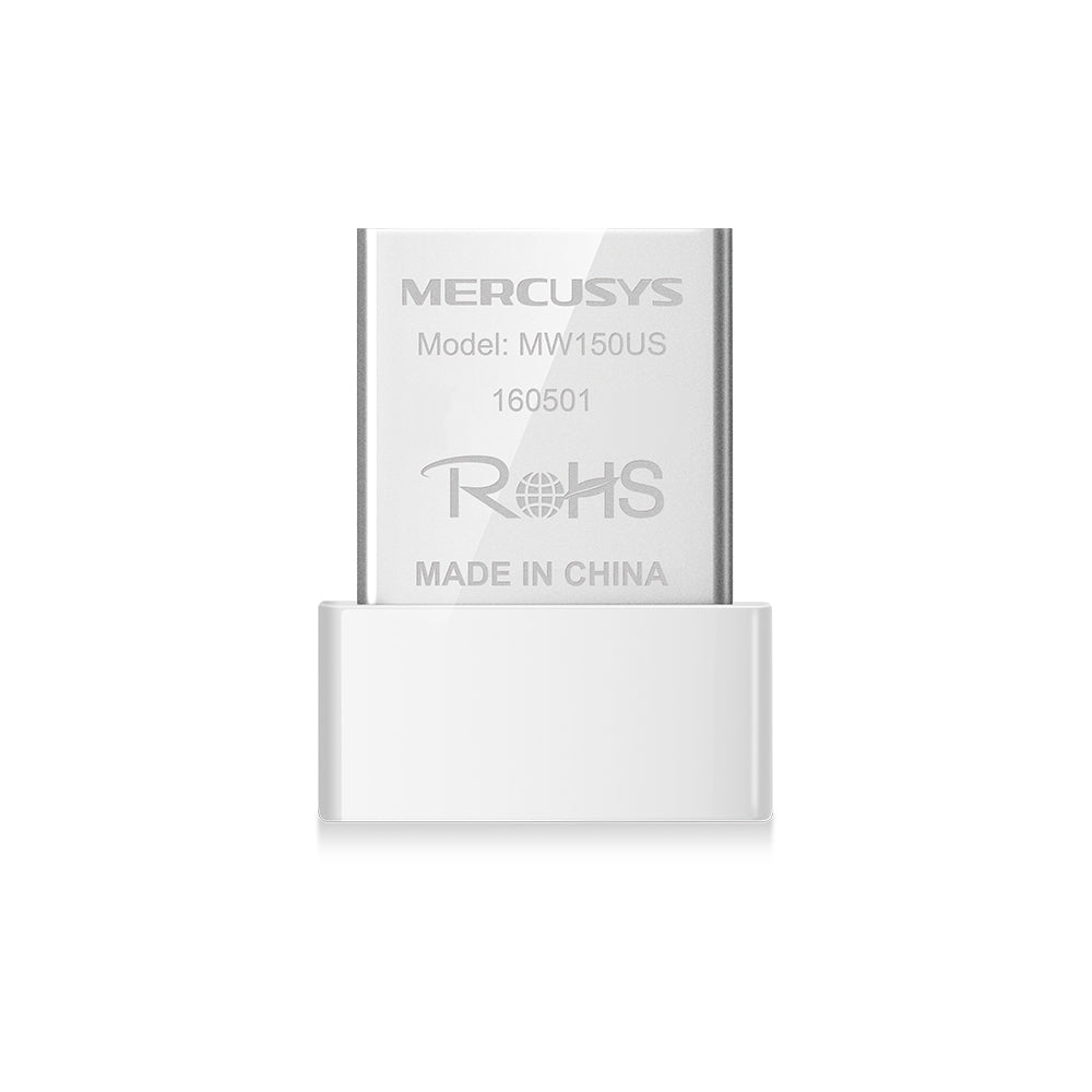 Mercusys MW150US N150 Wireless Nano USB adapter close-up with compact white USB design