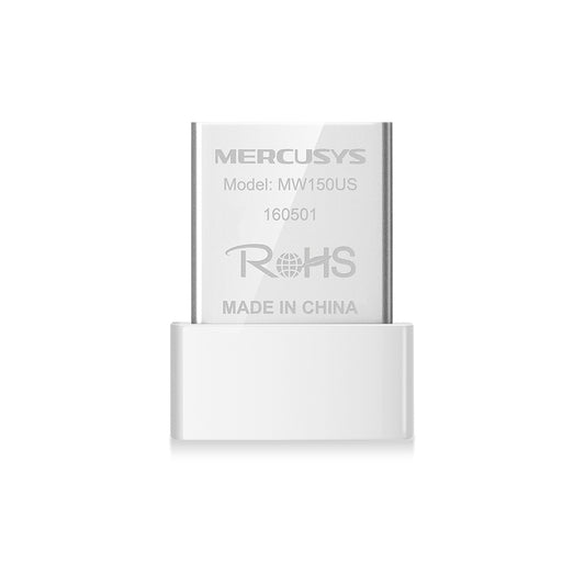 Mercusys MW150US N150 Wireless Nano USB adapter close-up with compact white USB design