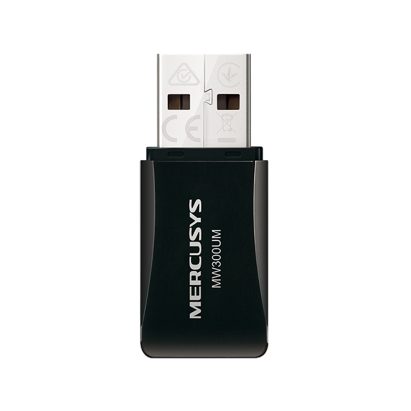 Mercusys MW300UM N300 Wireless Mini USB adapter front view with black compact body and USB connector