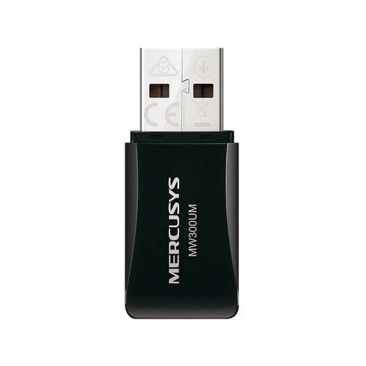 Mercusys MW300UM N300 Wireless Mini USB adapter front view with black compact body and USB connector