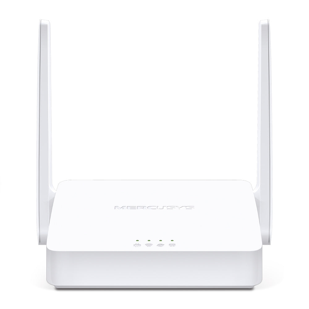 Mercusys MW302R 300Mbps Wireless N router front view with white body, LED indicators and two external antennas.