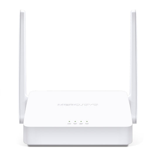Mercusys MW302R 300Mbps Wireless N router front view with white body, LED indicators and two external antennas.