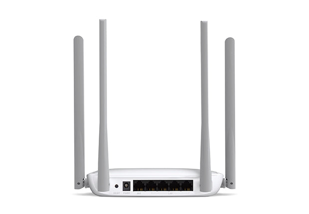 Mercusys MW325R 300Mbps router back view showing power port, WAN port, LAN ports and antennas
