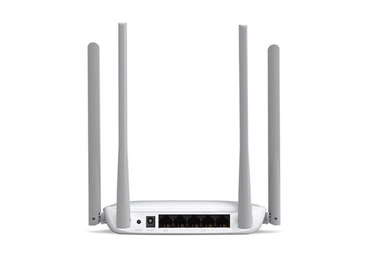 Mercusys MW325R 300Mbps router back view showing power port, WAN port, LAN ports and antennas