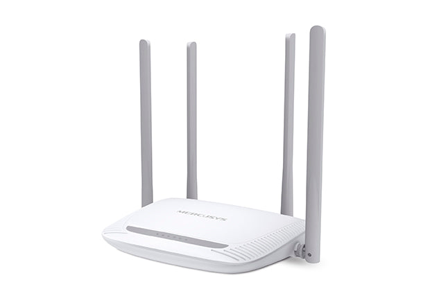 Mercusys MW325R 300Mbps Wireless N router side angle with white body and four high-gain antennas