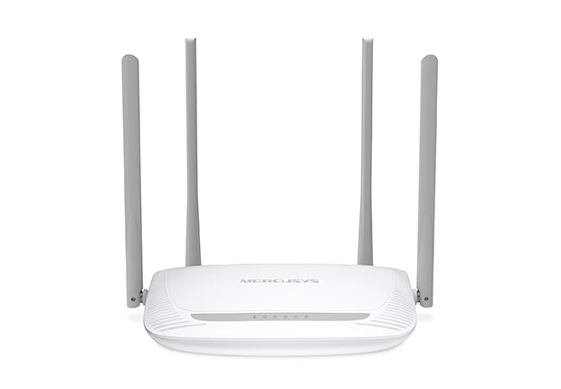 Mercusys MW325R enhanced wireless router front view showing white design and four external antennas.