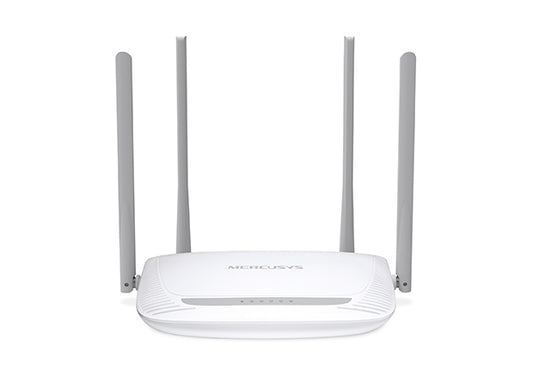 Mercusys MW325R enhanced wireless router front view showing white design and four external antennas.
