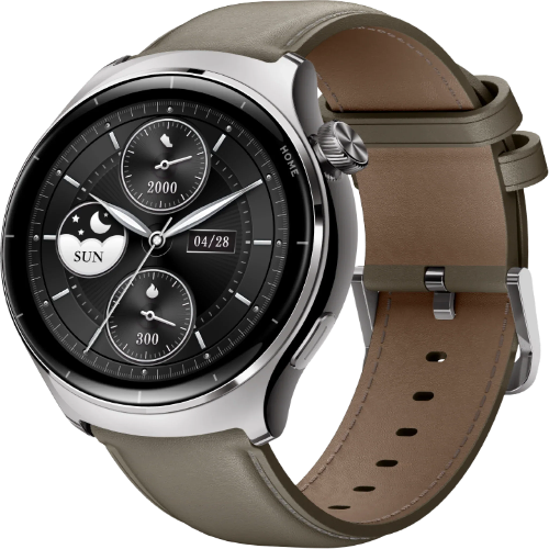 Mibro Lite 3 Pro silver smartwatch with black dial and brown leather strap
