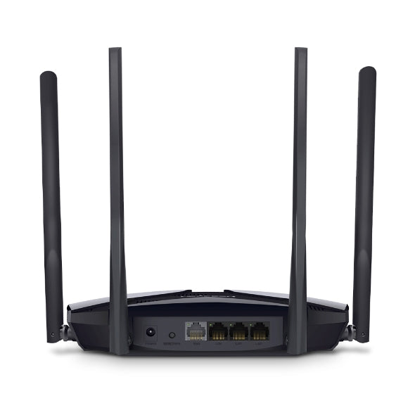 MR70X AX1800 WiFi 6 router back view showing Gigabit ports and four external antennas.