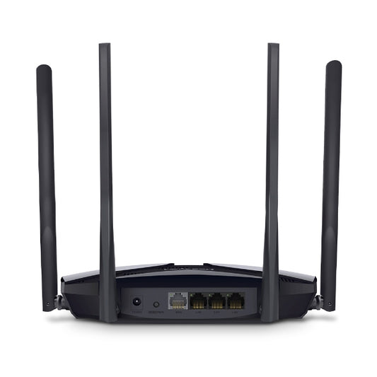 MR70X AX1800 WiFi 6 router back view showing Gigabit ports and four external antennas.