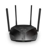 MR70X AX1800 WiFi 6 router front view with black design and four external antennas.