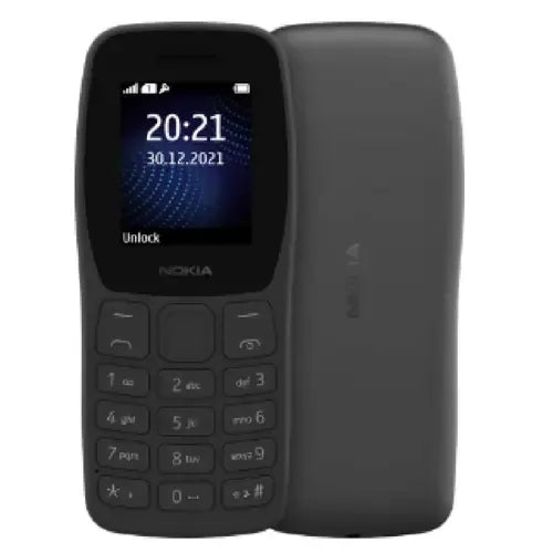 Nokia 105 Classic black keypad mobile phone showing front display and back cover with durable compact design.