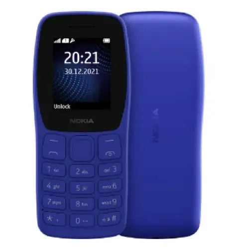 Nokia 105 Classic blue keypad mobile phone with simple display screen and ergonomic back cover design.