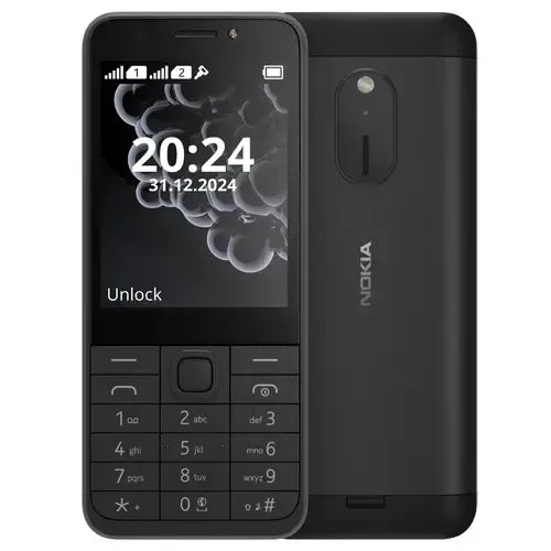 Nokia 230 black keypad mobile phone with front and rear camera view