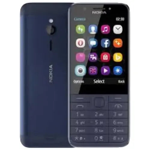 Nokia 230 blue Dual SIM feature phone with classic keypad and app menu display