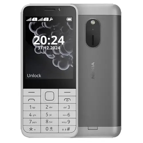 Nokia 230 silver grey Dual SIM button phone with 2MP camera and LED flash