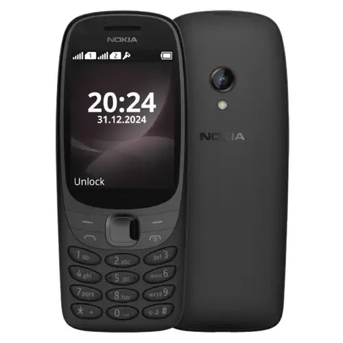 Nokia 6310 2024 keypad mobile phone in black color – front and back view