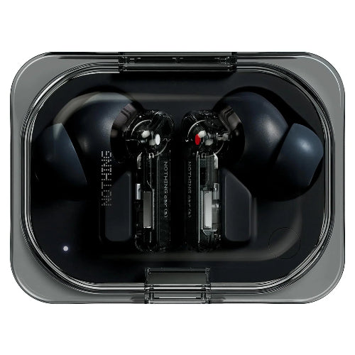 Nothing Ear (a) black wireless earbuds inside charging case