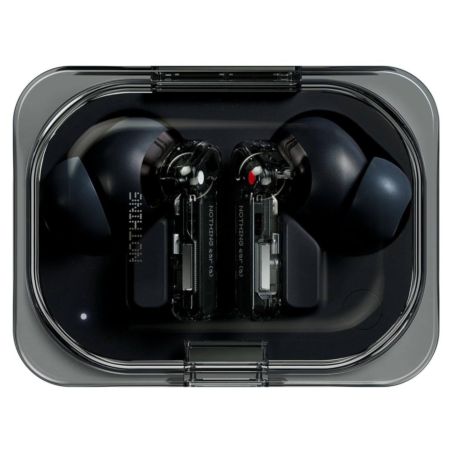 Nothing Ear A TWS Earphones black variant inside open charging case top view.