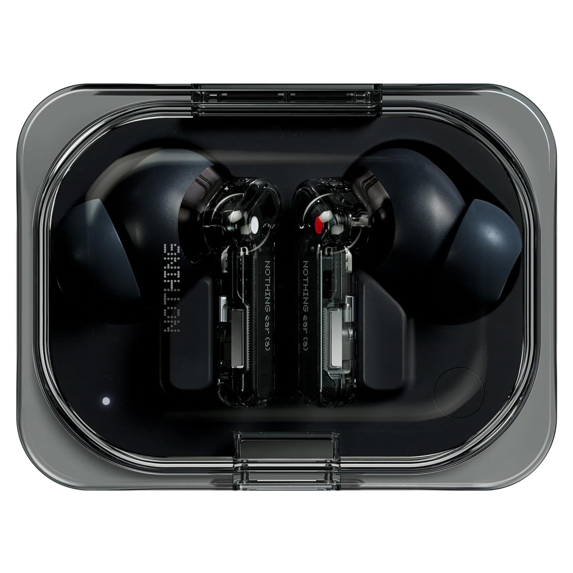 Nothing Ear A TWS Earphones black variant inside open charging case top view.