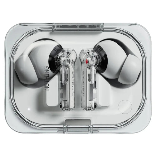 Nothing Ear (a) white TWS earbuds with transparent charging case