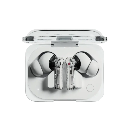  Nothing Ear 1 Wireless Earbuds in transparent charging case showing earbuds securely placed and ready for wireless playback.