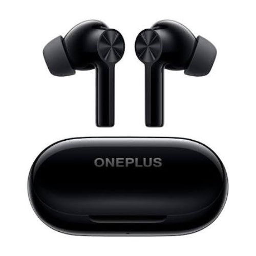 OnePlus Buds Z2 Matte Black earbuds displayed above a closed oval charging case