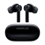 OnePlus Buds Z2 Matte Black earbuds displayed above a closed oval charging case
