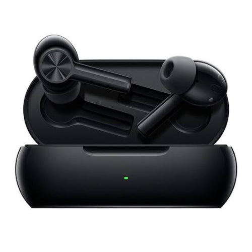 OnePlus Buds Z2 wireless earbuds seated inside an open charging case with front LED indicator
