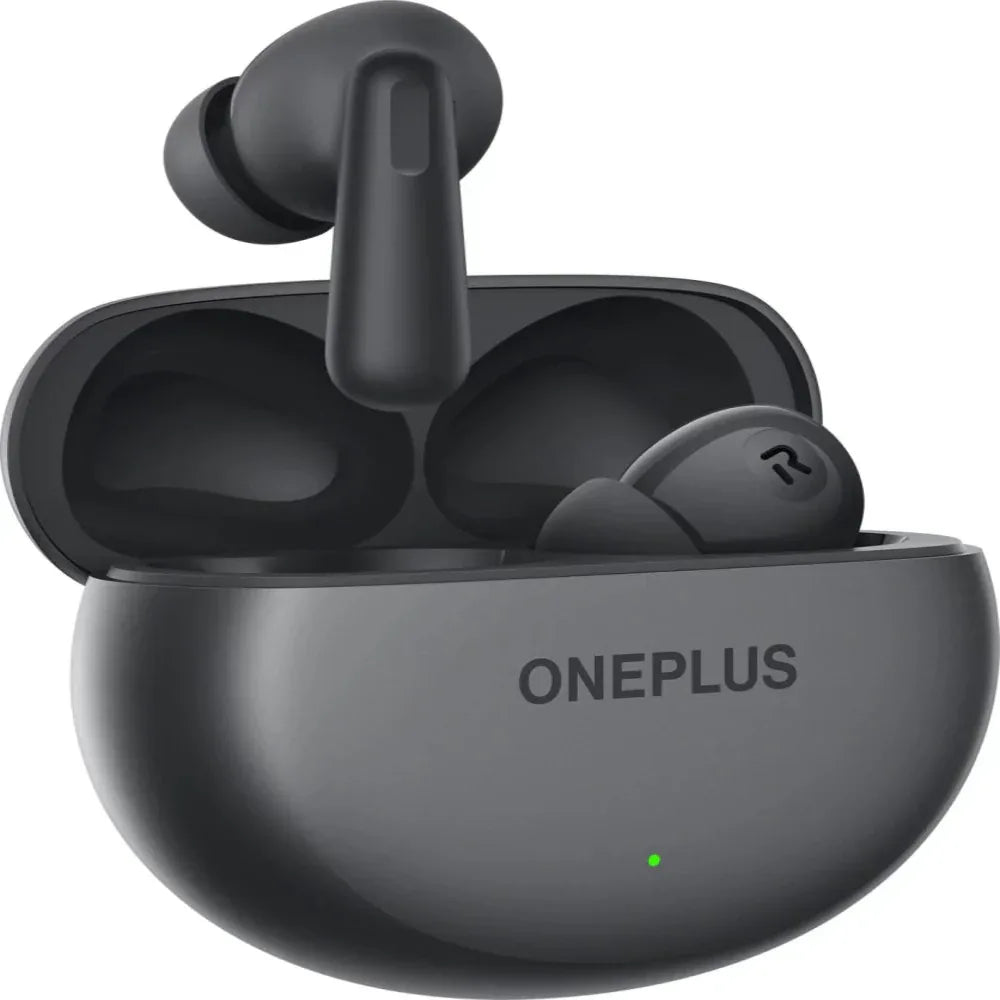 OnePlus Nord Buds 3r black earbuds front view with compact charging case