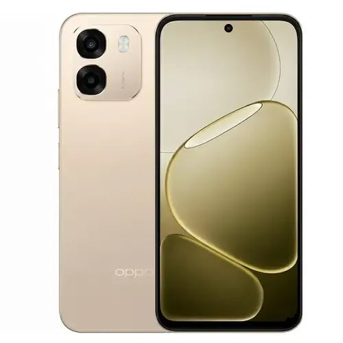 OPPO A6 smartphone in gold color with sleek design, dual rear cameras and edge-to-edge display