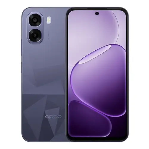 OPPO A6k smartphone in purple color with dual rear camera and punch-hole display showing modern gradient wallpaper.