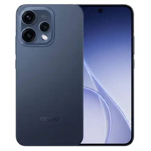 OPPO Reno15 smartphone in Graphite Blue color with 8GB RAM and 256GB storage showing front display and rear camera design.