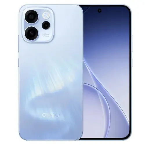 OPPO Reno15F 8GB RAM 256GB storage smartphone in Opal Blue color showing front and back view with modern camera design.
