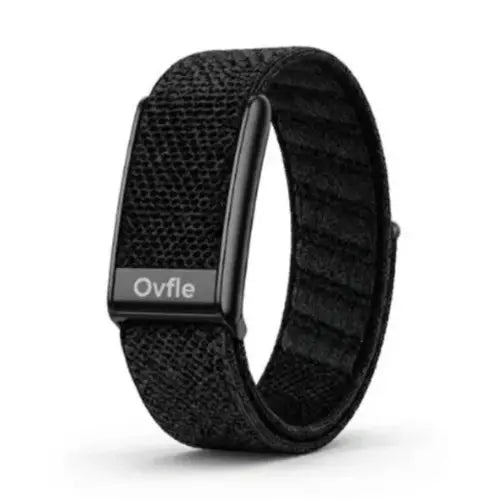 OVFLE Zonix WP-1 black screenless fitness band with woven nylon strap and compact wellness tracking module