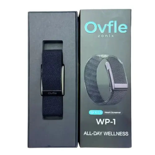 OVFLE Zonix WP-1 screenless fitness band displayed inside its retail packaging with ECG heart monitoring label