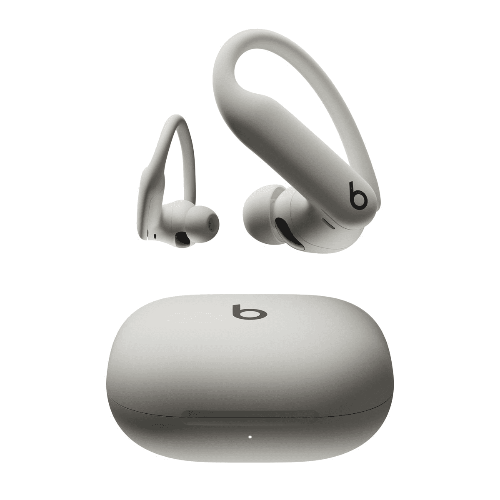 Powerbeats Pro 2 Quick Sand sport earbuds with flexible earhooks and matching wireless charging case