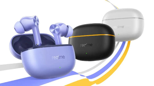 Realme Buds T200 Lite earbuds and charging cases in multiple color options
