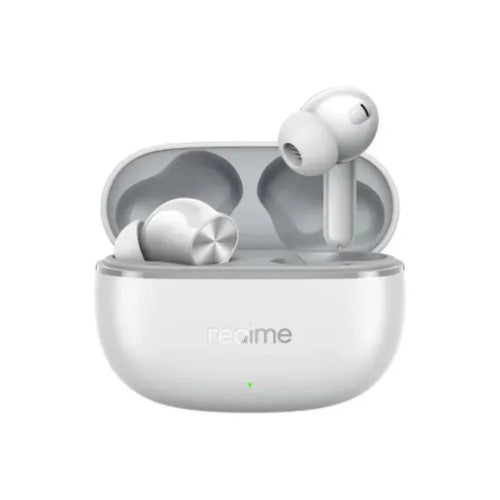 Realme Buds T200 Lite white wireless earbuds with charging 