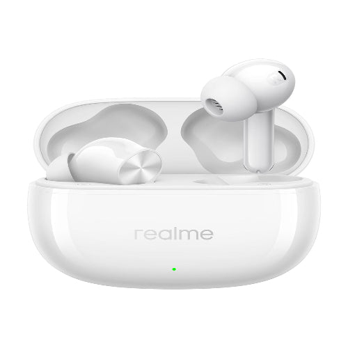 Realme Buds T200x wireless earbuds displayed with an open charging case, featuring a compact in-ear design and LED battery indicator.
