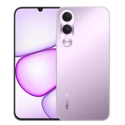 Realme C100i Dawn Purple smartphone front and back view with dual camera design and sleek gradient finish