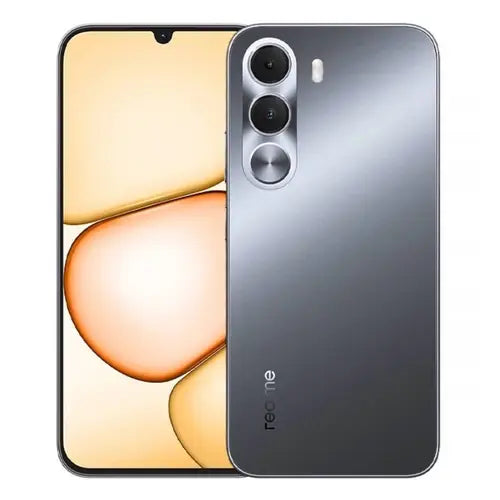 Realme C100i Dusk Gray smartphone front and back view featuring dual camera setup and modern matte finish design