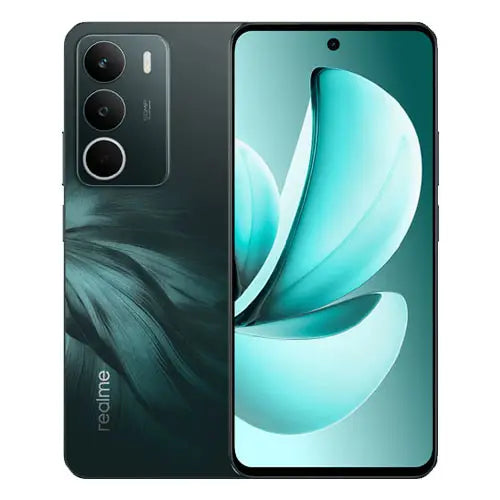 Realme C71 Forest Owl variant smartphone showing front display and rear design with triple camera module and dark green textured back finish.