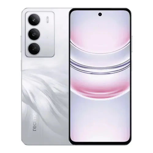 Realme C71 White Swan variant smartphone front and back view with triple rear camera setup, large display, and sleek silver-white finish.